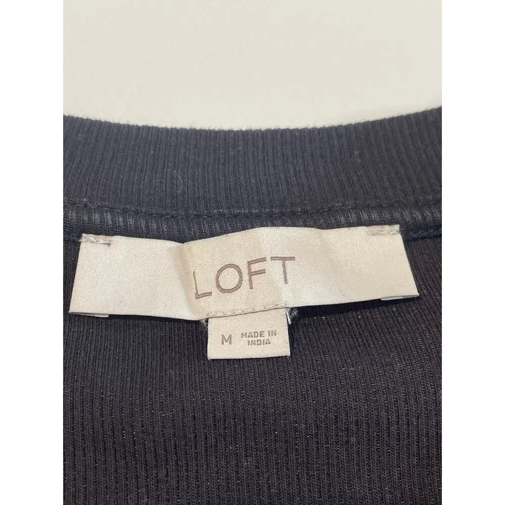 LOFT Black Knit Top Size M Plaid Puff Sleeves Cotton Blend Stretch